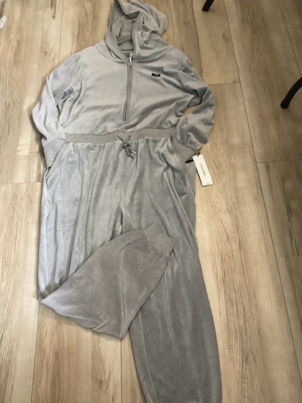 Calvin Klein Light Gray Velour Hooded Jumpsuit